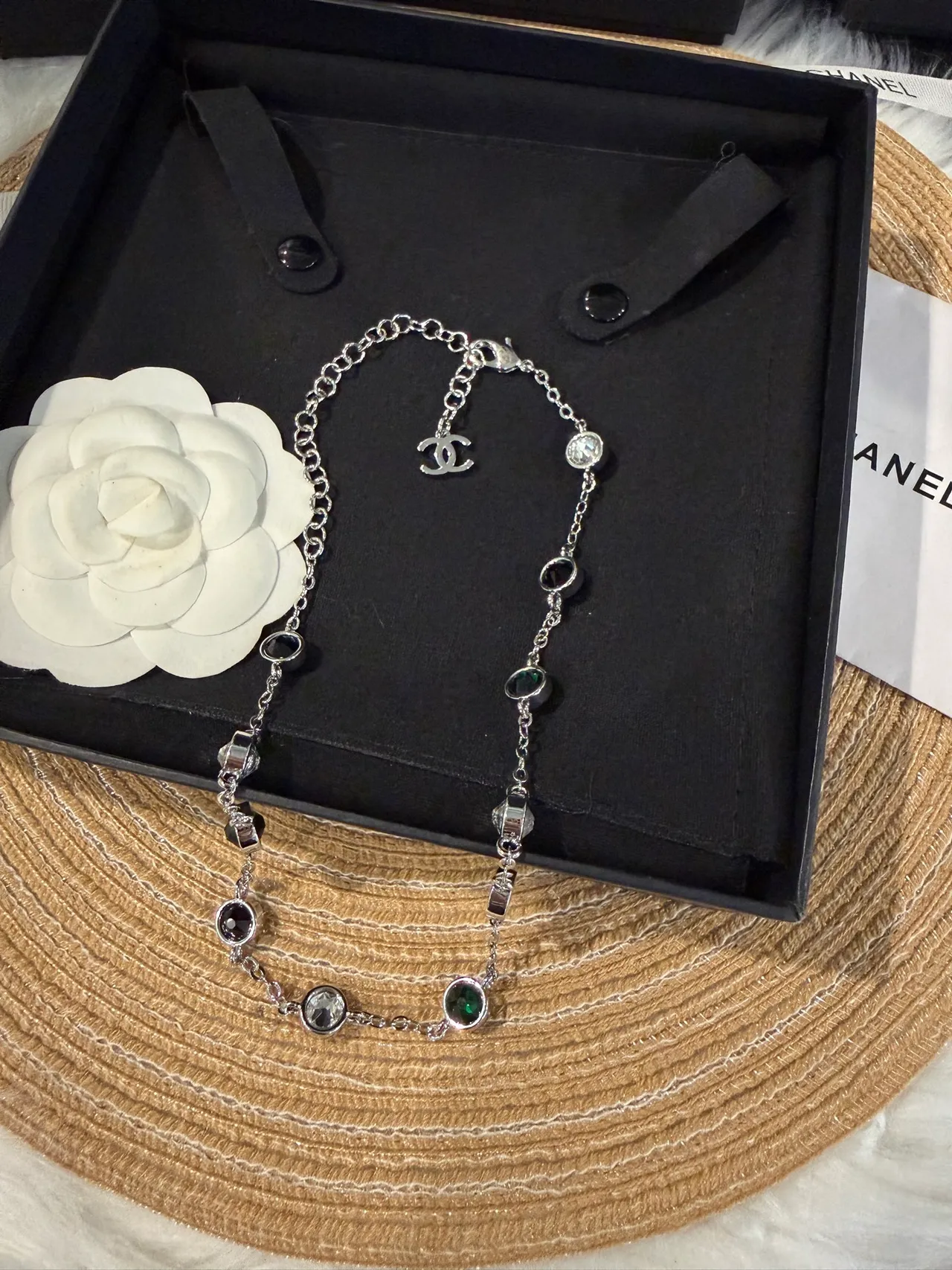Chanel Multi-Stone Interlocking CC Logo Chain Necklace 2