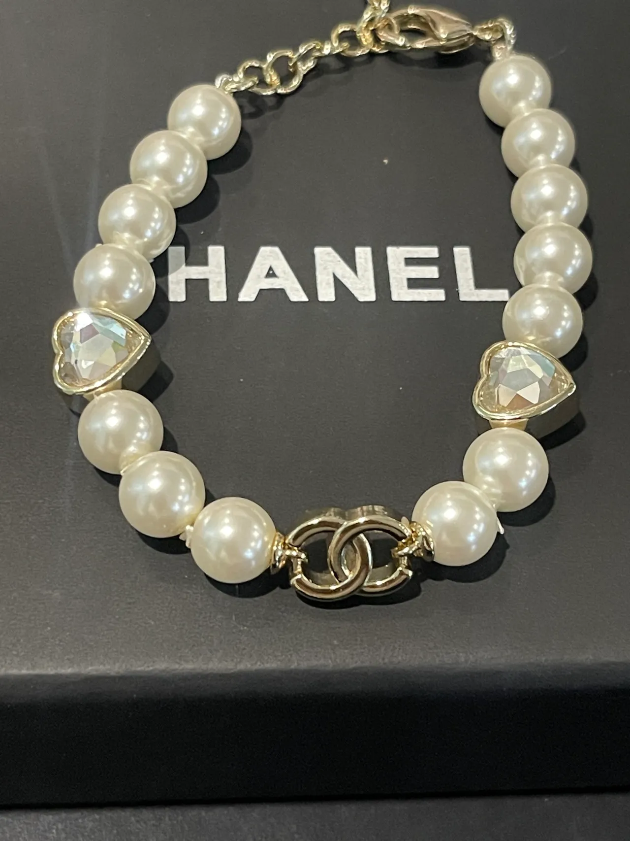 Chanel سوار اللؤلؤ أبيض ذهب أكسنت قلب-كريستال سوار 4