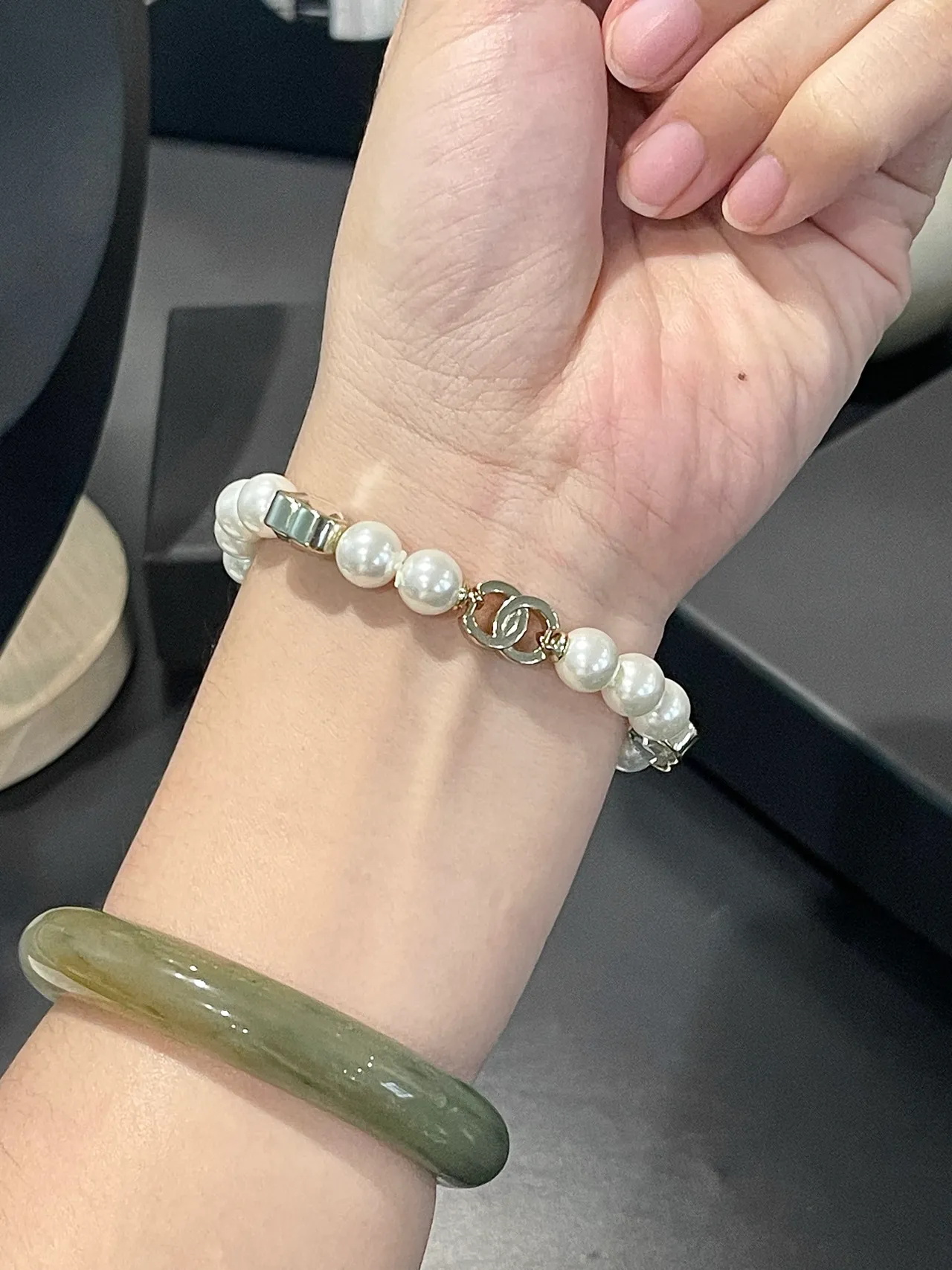 Chanel سوار اللؤلؤ أبيض ذهب أكسنت قلب-كريستال سوار 5