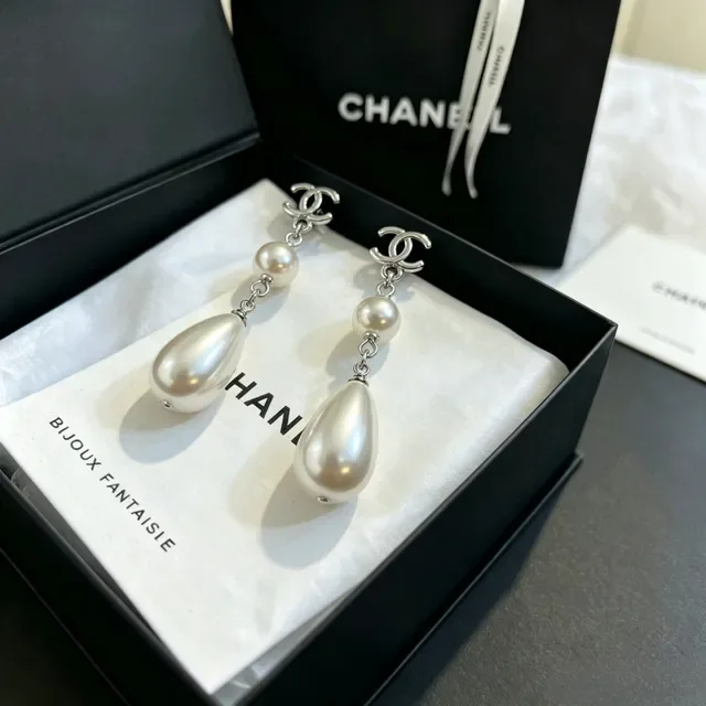Chanel Pearl Drop Silver White Double-C Logo Earrings 4