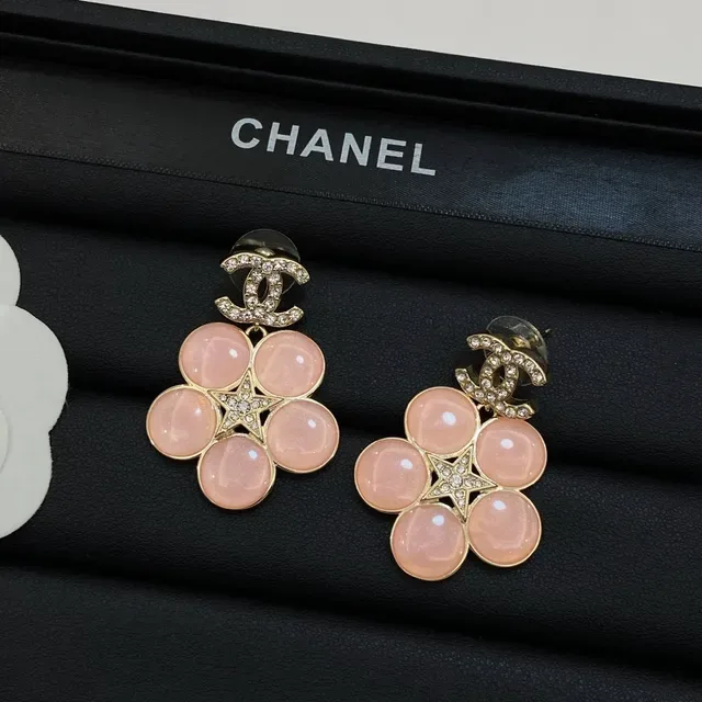 Chanel Pink Beige Floral Cluster Cabochon Stone Earrings 2