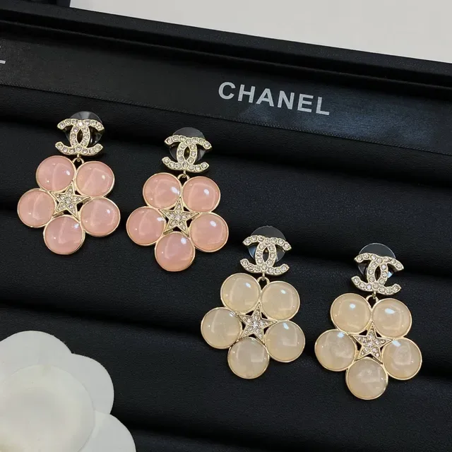 Chanel Pink Beige Floral Cluster Cabochon Stone Earrings 6