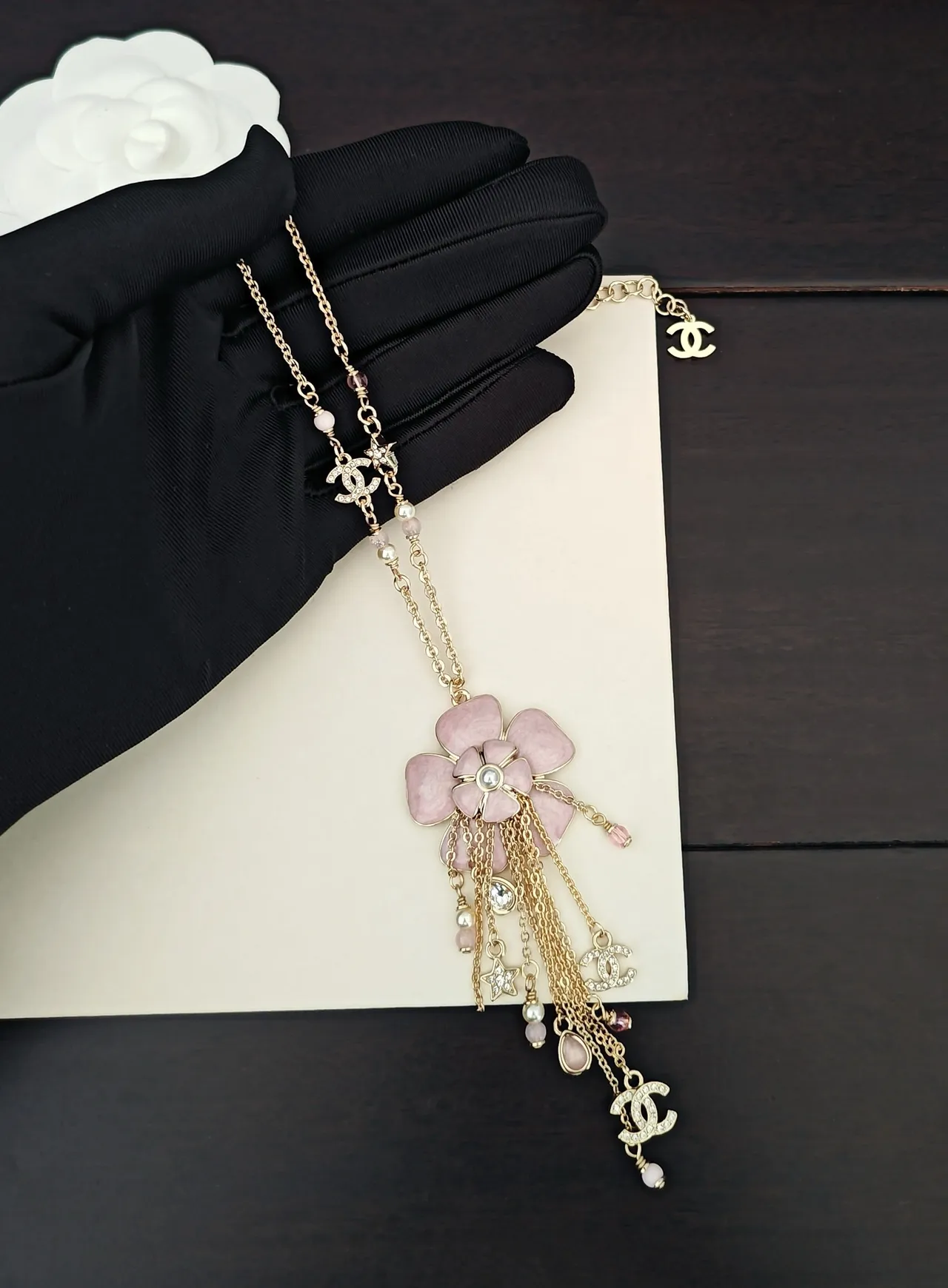 Chanel Pink Gold Chain Enamel Camellia Pendant Necklace 2