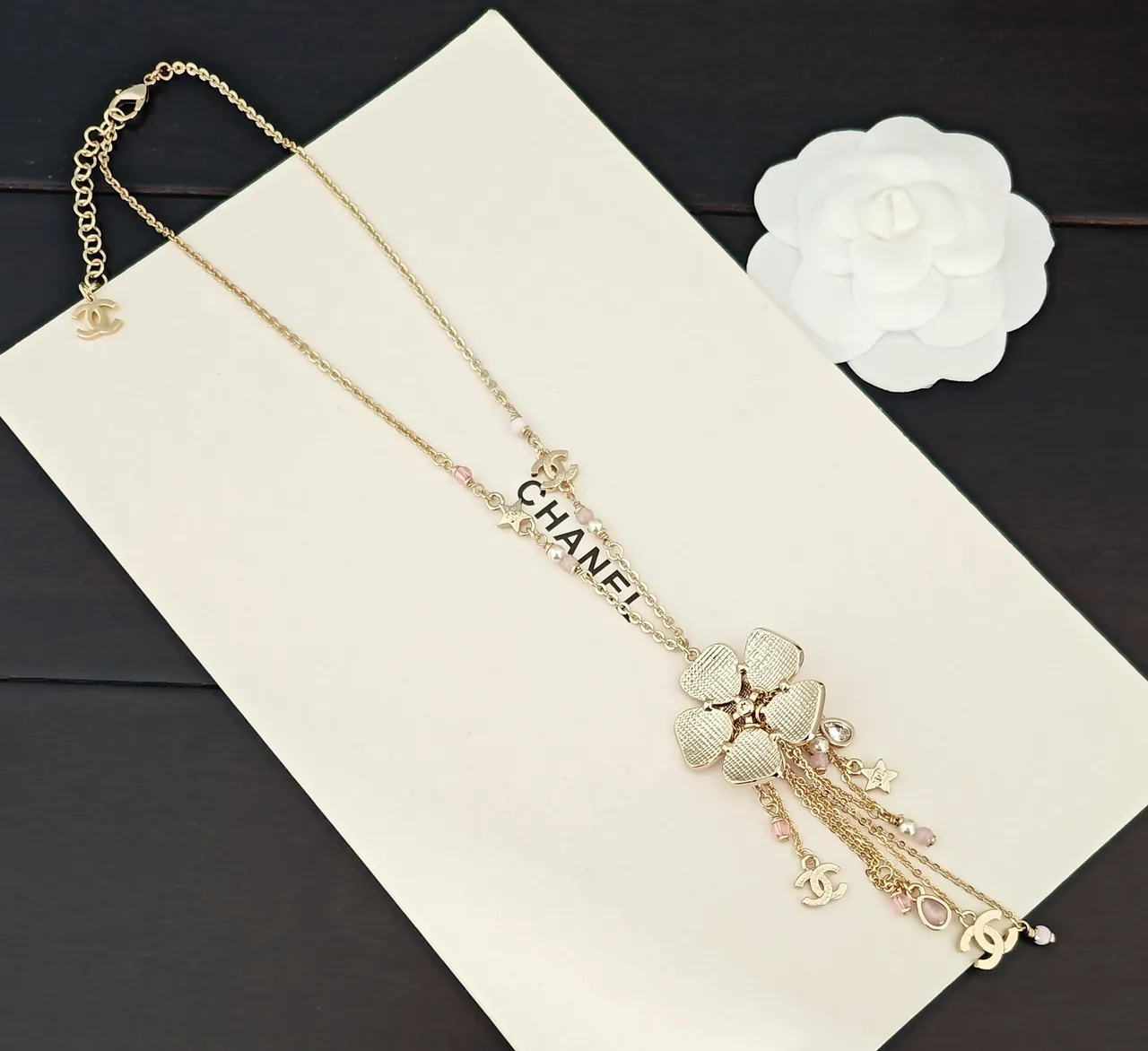 Chanel Pink Gold Chain Enamel Camellia Pendant Necklace 3