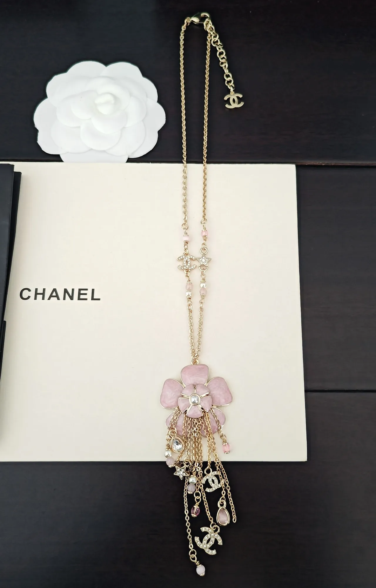 Chanel Pink Gold Chain Enamel Camellia Pendant Necklace 4