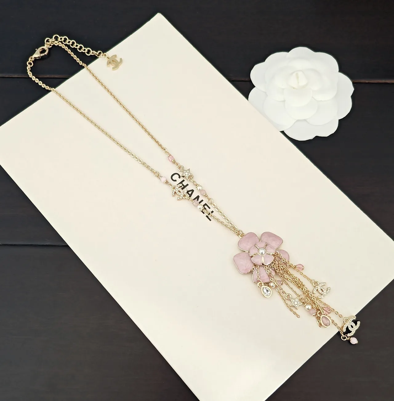 Chanel Pink Gold Chain Enamel Camellia Pendant Necklace 5