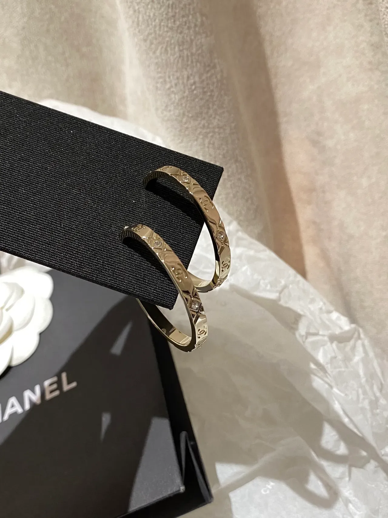 Chanel Quilted CC Logo Gold-Tone Crystal Hoop Earrings 2