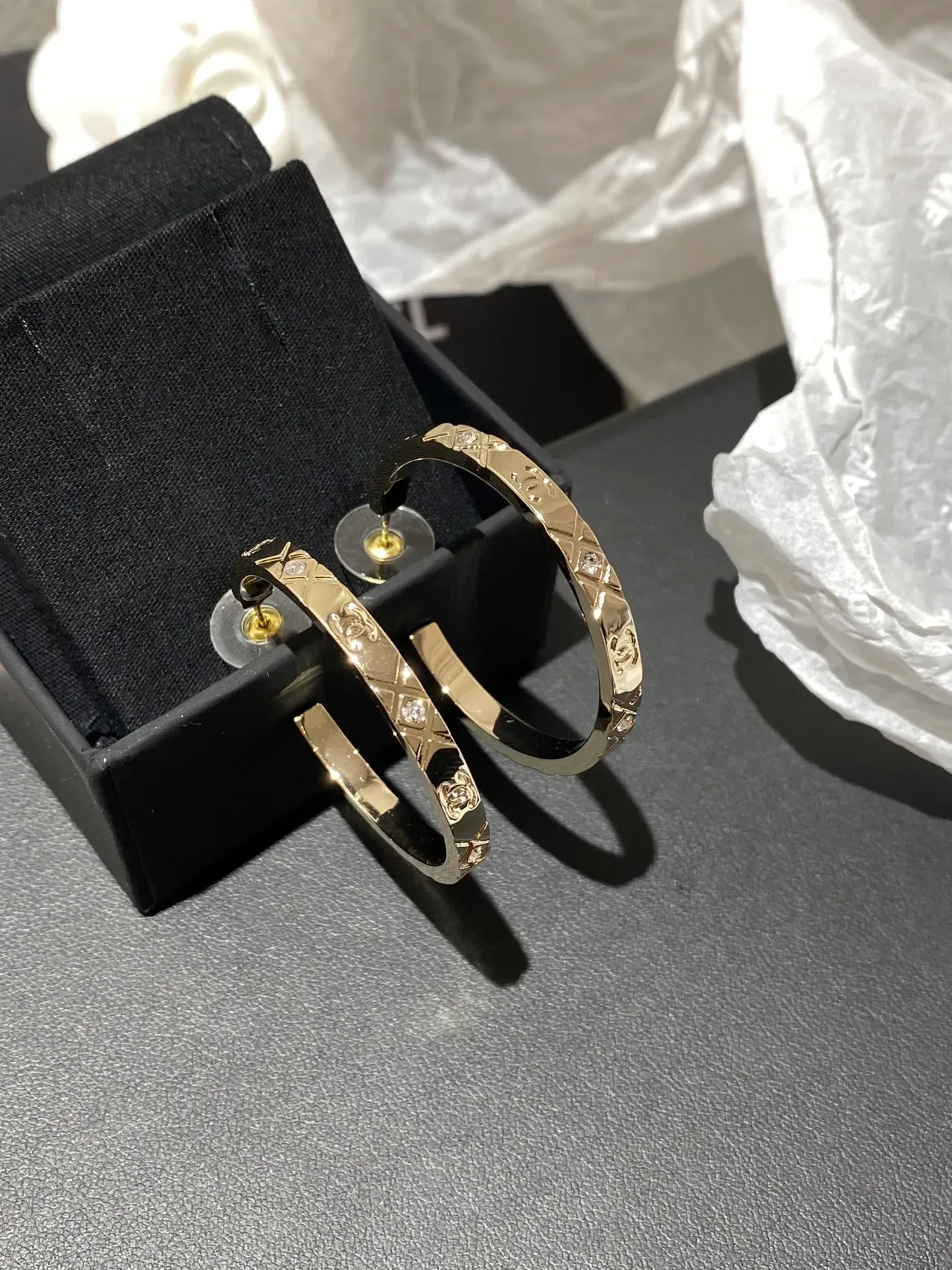 Chanel Quilted CC Logo Gold-Tone Crystal Hoop Earrings 6