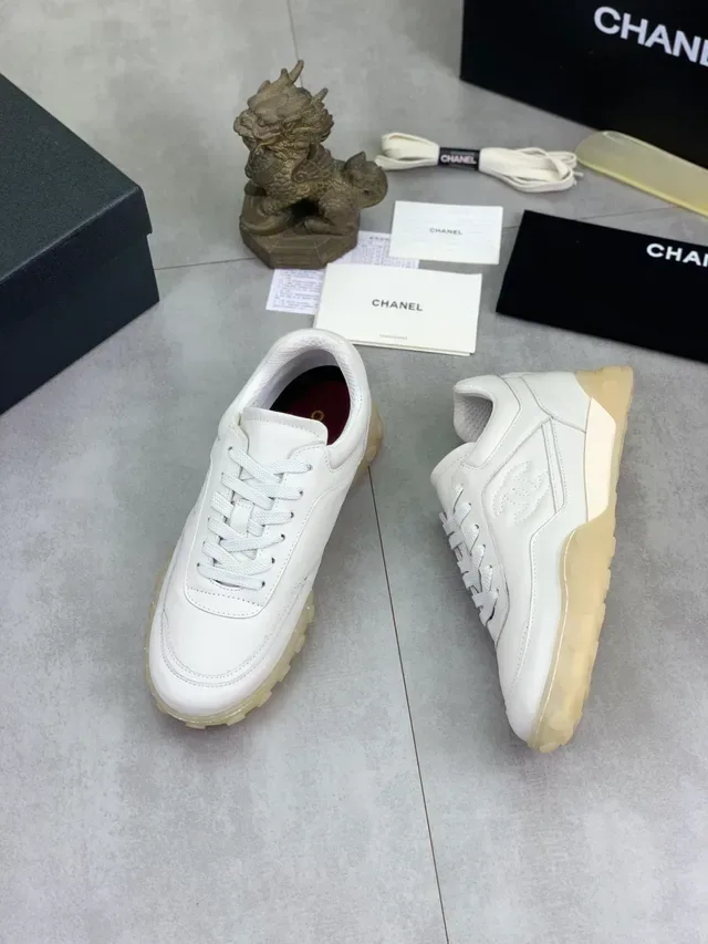 Chanel White Beige Leather Upper Embossed Interlocking CC Logo Lifestyle Sneakers 5