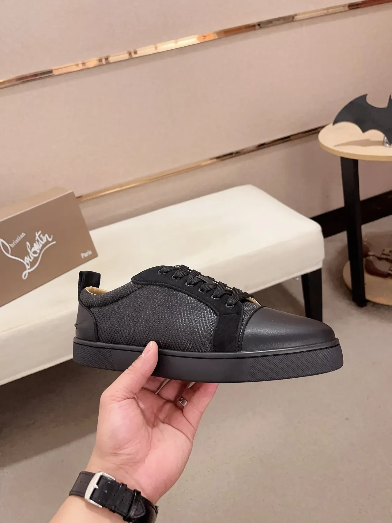 Christian Louboutin Sneakers Lifestyle Noir Beige Embout Cap-Toe Upper Tissu Tissé 4
