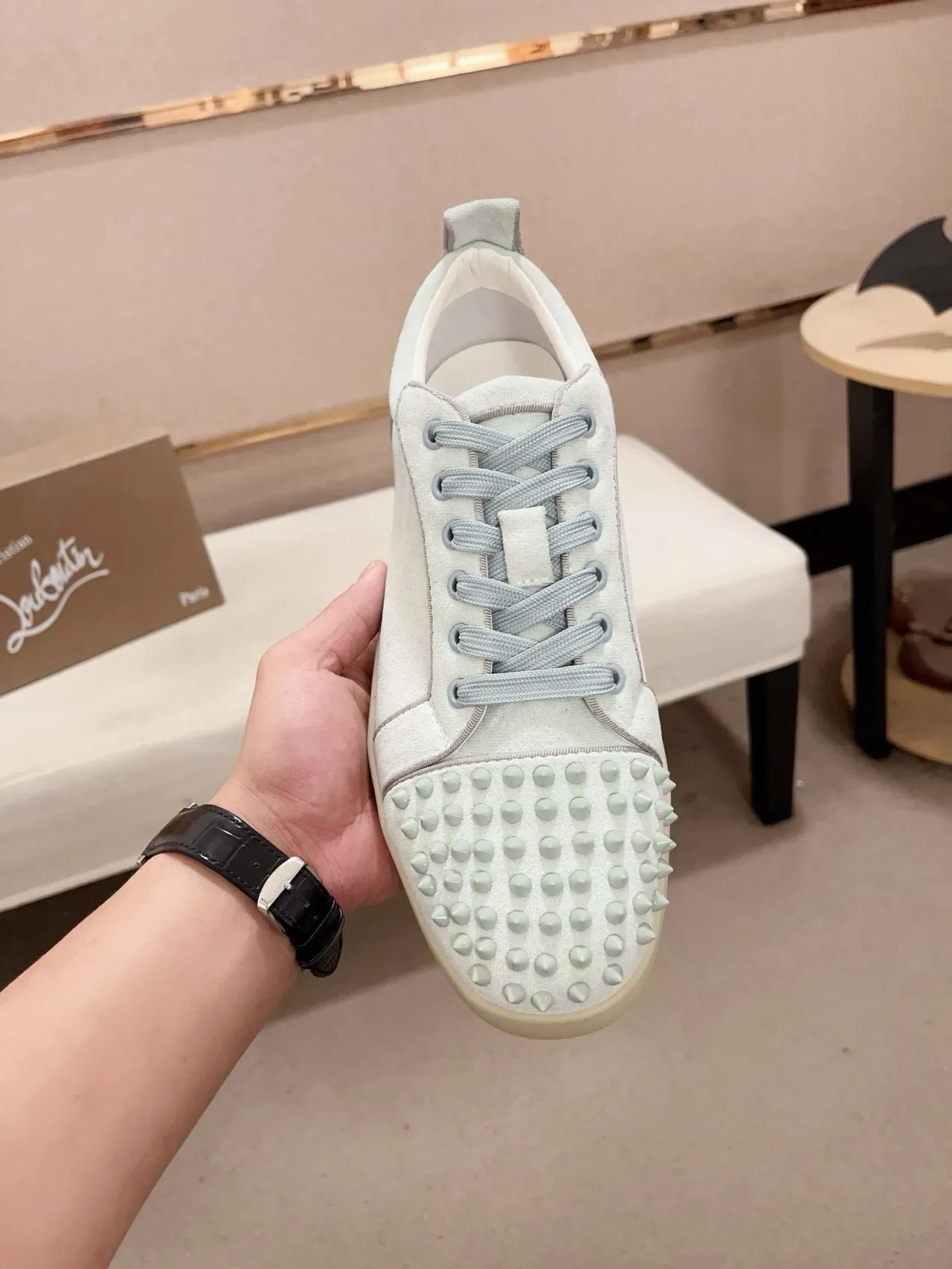 Christian Louboutin Blue Beige Spiked Toe Cap Suede Upper Lifestyle Sneakers 2