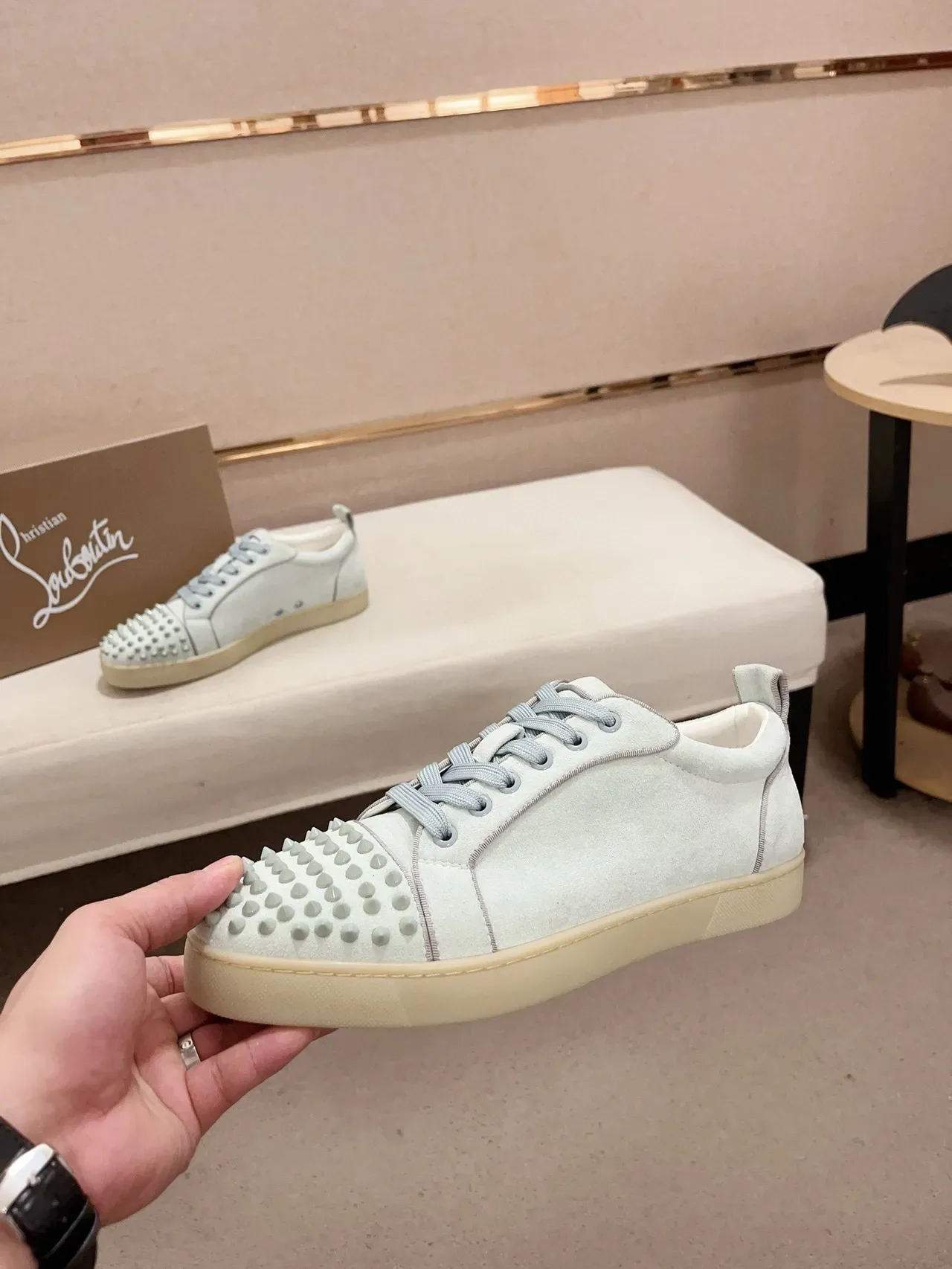 Christian Louboutin Blue Beige Spiked Toe Cap Suede Upper Lifestyle Sneakers 3