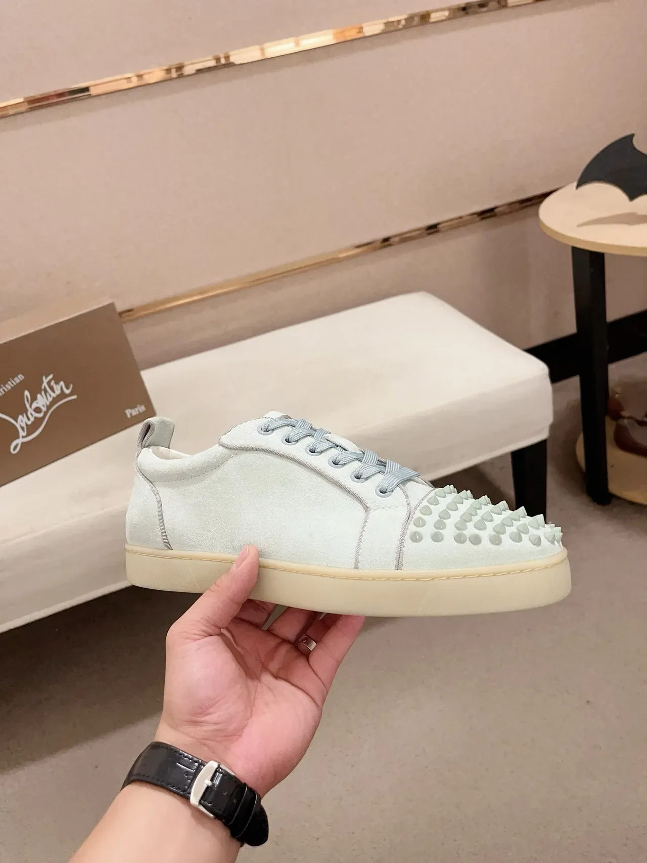 Christian Louboutin Blue Beige Spiked Toe Cap Suede Upper Lifestyle Sneakers 4