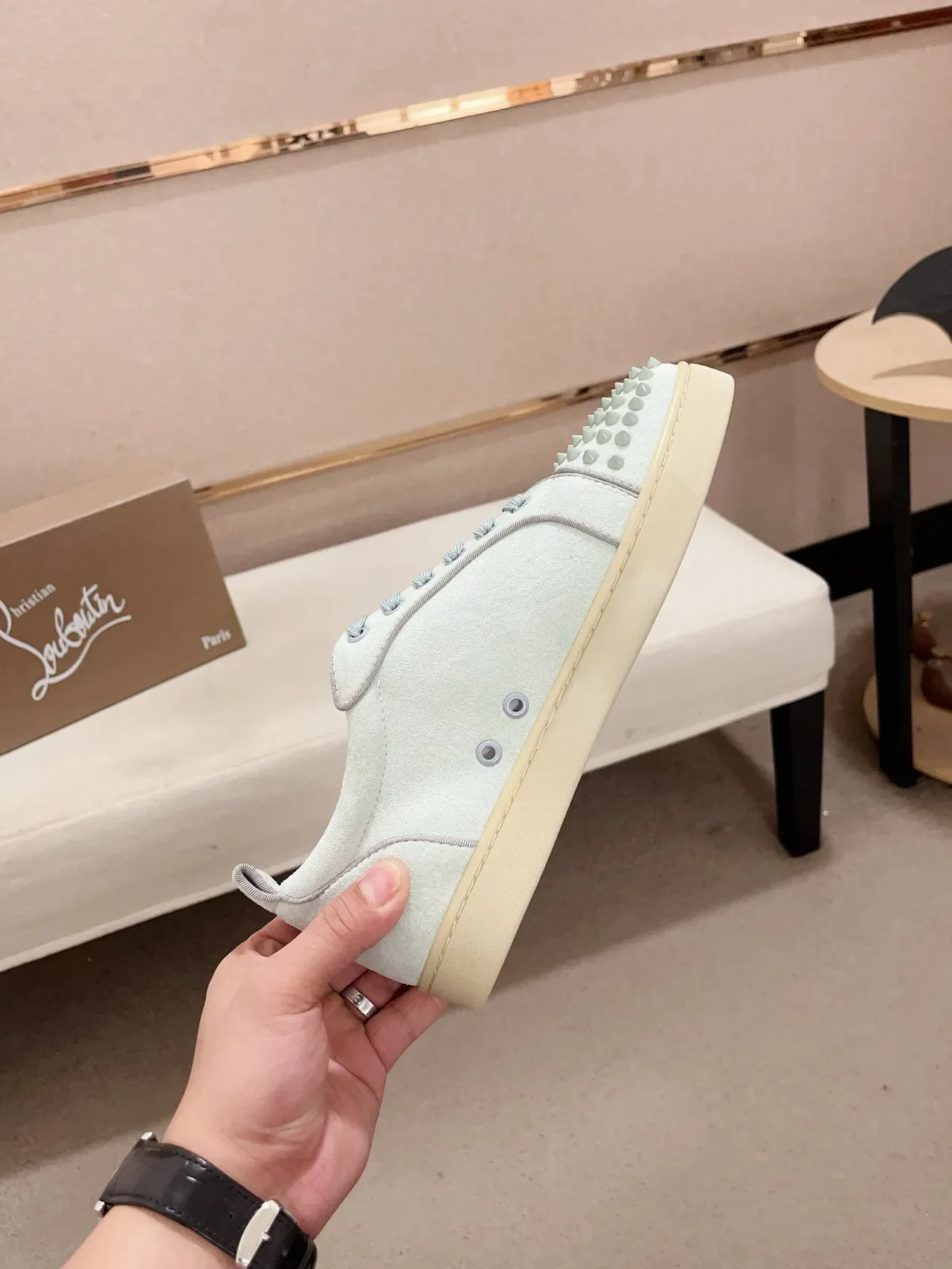 Christian Louboutin Blue Beige Spiked Toe Cap Suede Upper Lifestyle Sneakers 5
