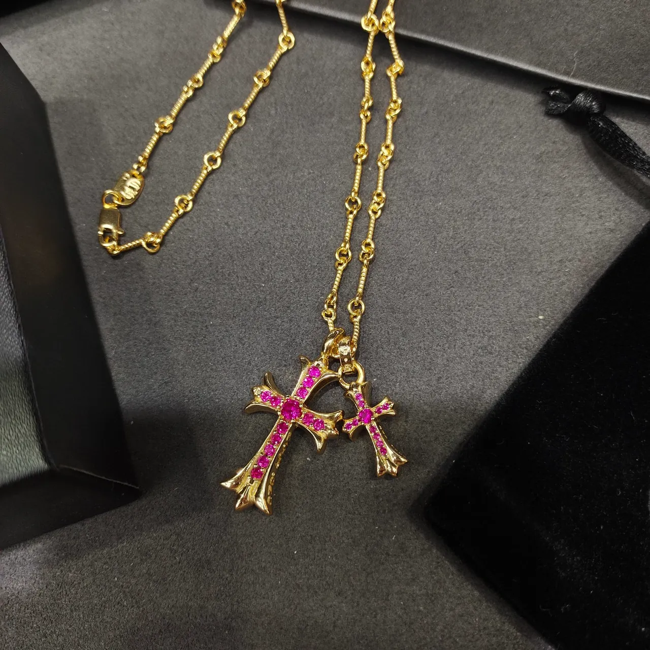 Chrome Hearts Croix Or Rose Chaîne à Maillons Pendants Doubles Collier 2