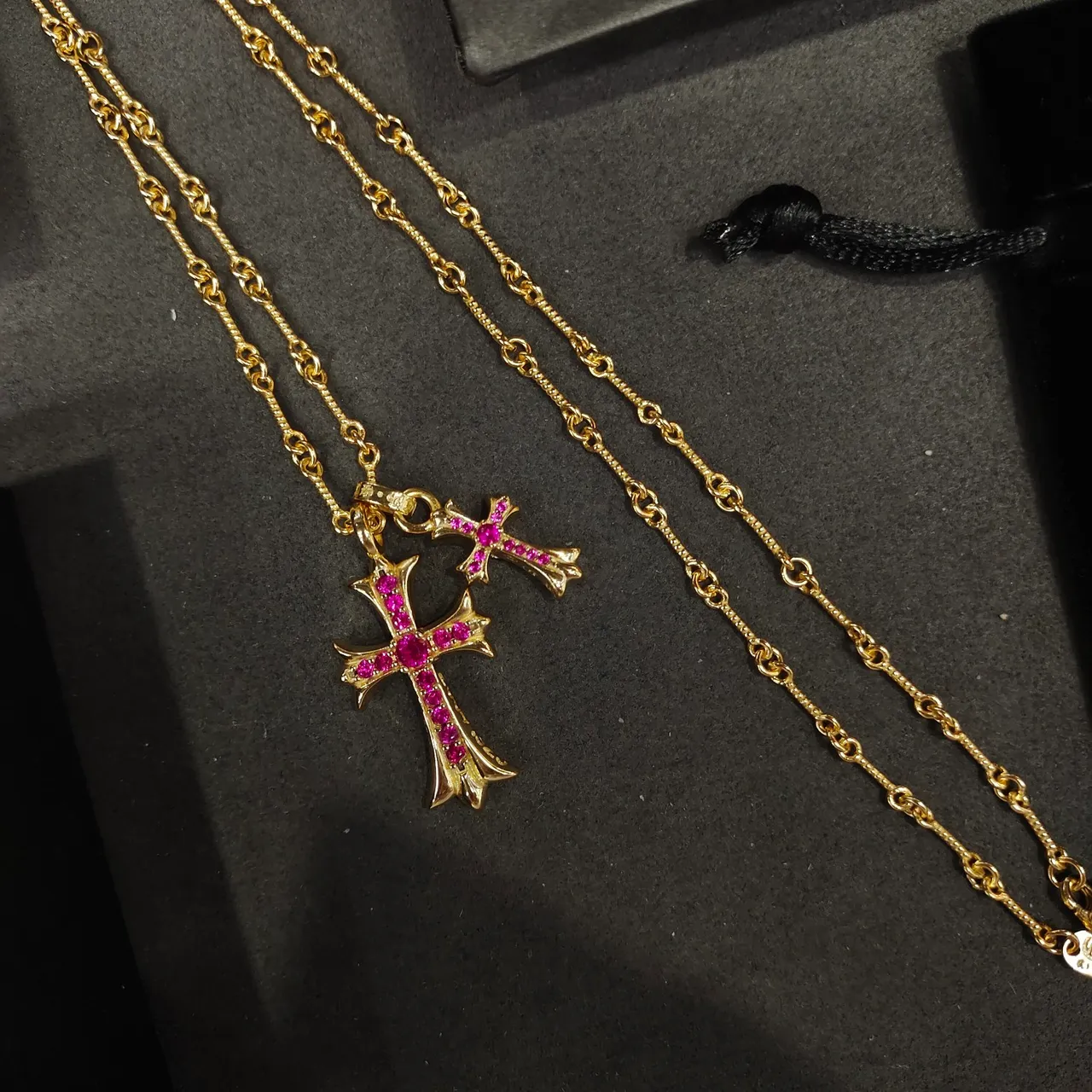 Chrome Hearts Croix Or Rose Chaîne à Maillons Pendants Doubles Collier 4