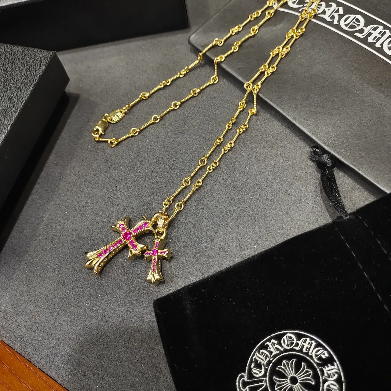 Chrome Hearts Croix Or Rose Chaîne à Maillons Pendants Doubles Collier 5