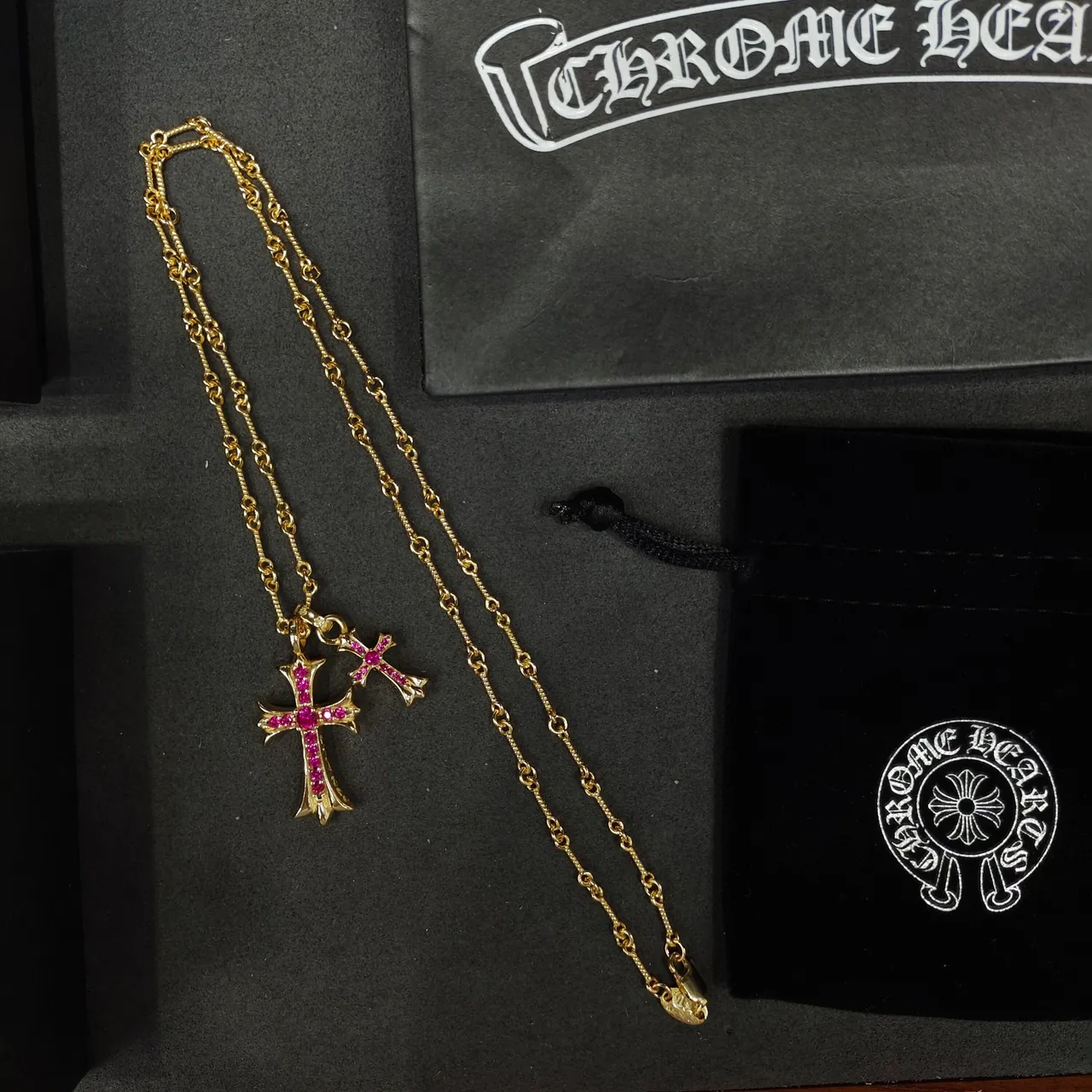 Chrome Hearts Croix Or Rose Chaîne à Maillons Pendants Doubles Collier 6