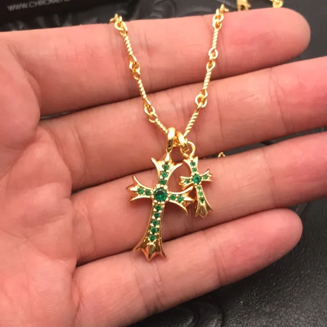 Chrome Hearts Double Croix Or Vert Chaîne de Corde Tordue Pendentif Collier 5