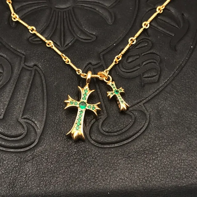 Chrome Hearts Double Croix Or Vert Chaîne de Corde Tordue Pendentif Collier 7