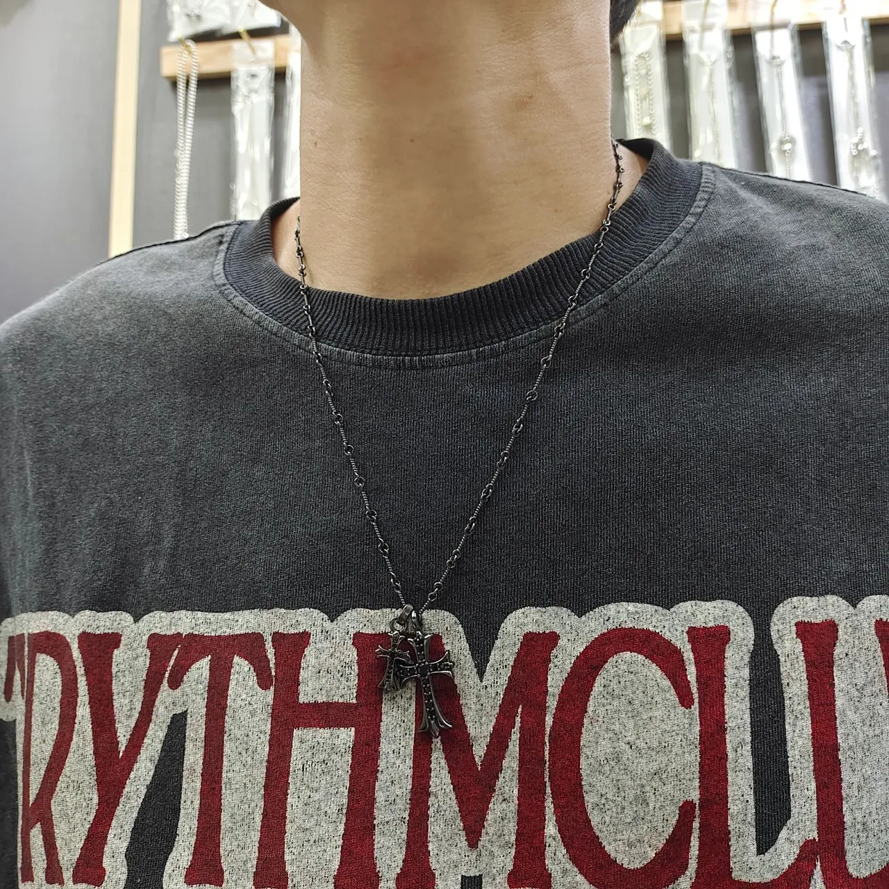 Chrome Hearts Double Cross Oxidized Silver Pavé Stone Necklace 2