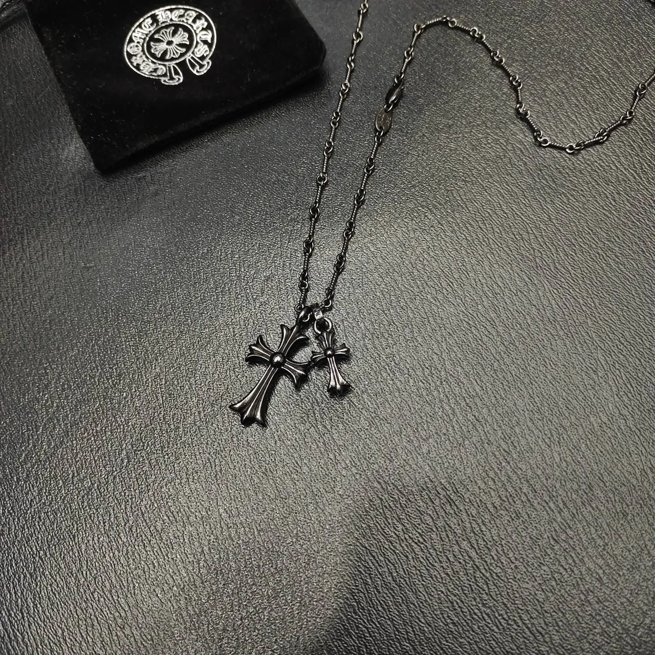 Chrome Hearts Double Cross Oxidized Silver Pavé Stone Necklace 4