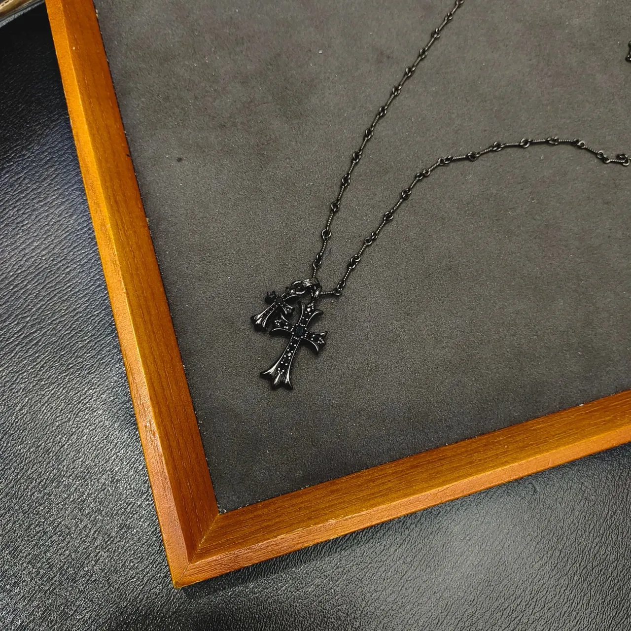 Chrome Hearts Double Cross Oxidized Silver Pavé Stone Necklace 5
