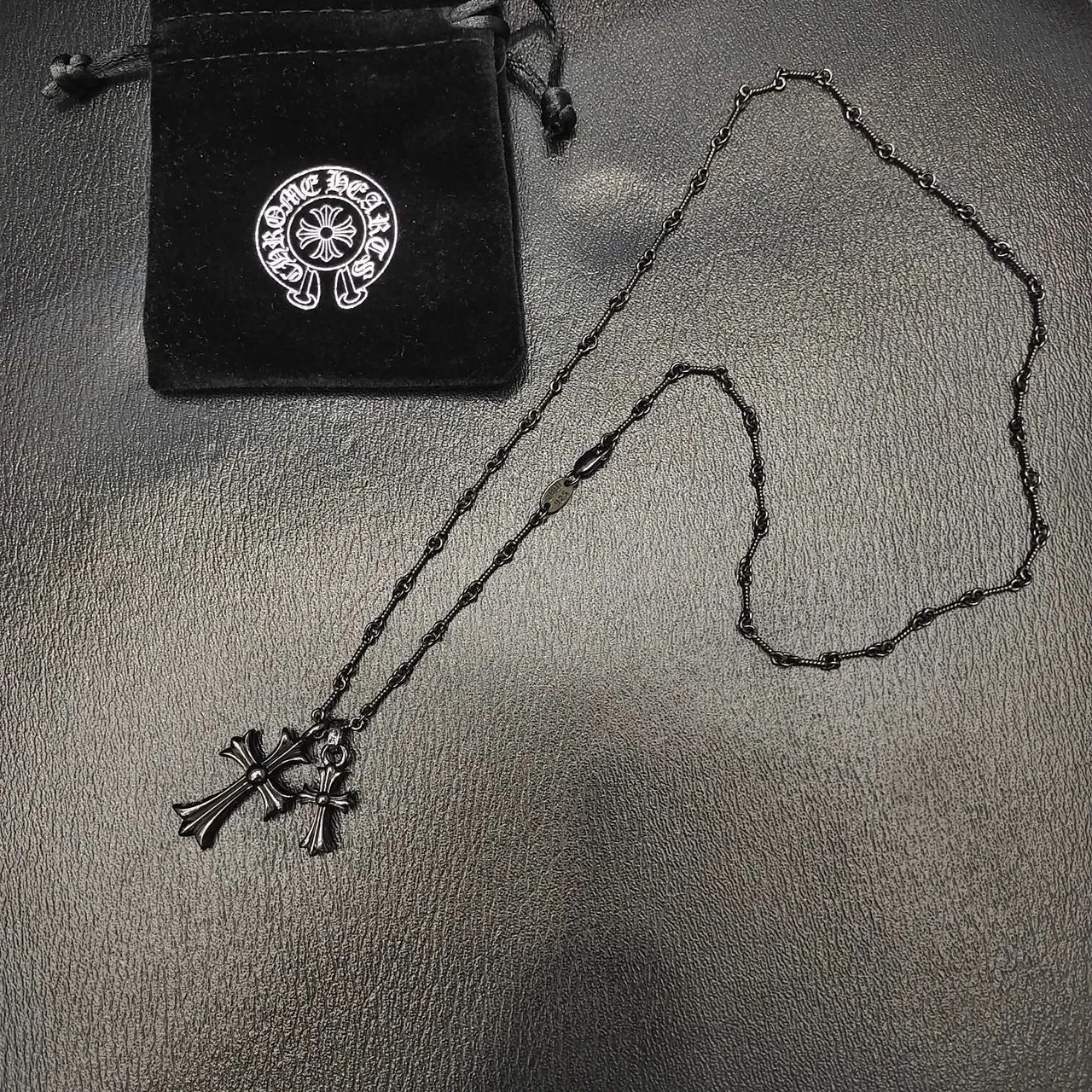 Chrome Hearts Double Cross Oxidized Silver Pavé Stone Necklace 8