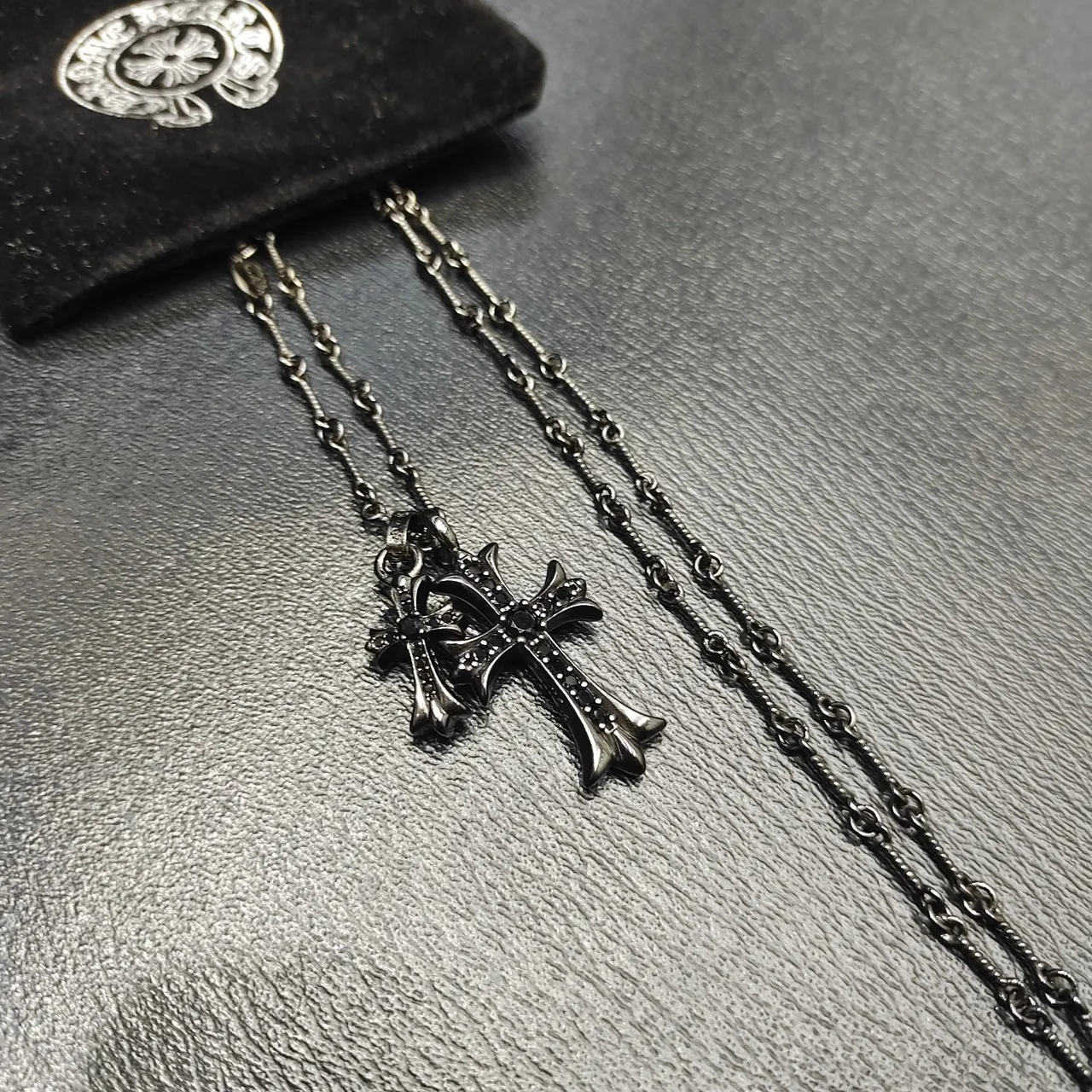 Chrome Hearts Double Cross Oxidized Silver Pavé Stone Necklace 6