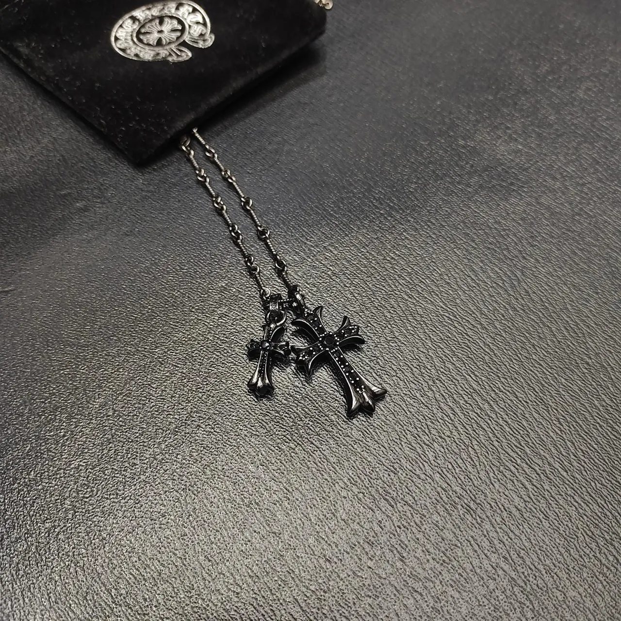 Chrome Hearts Double Cross Oxidized Silver Pavé Stone Necklace 9