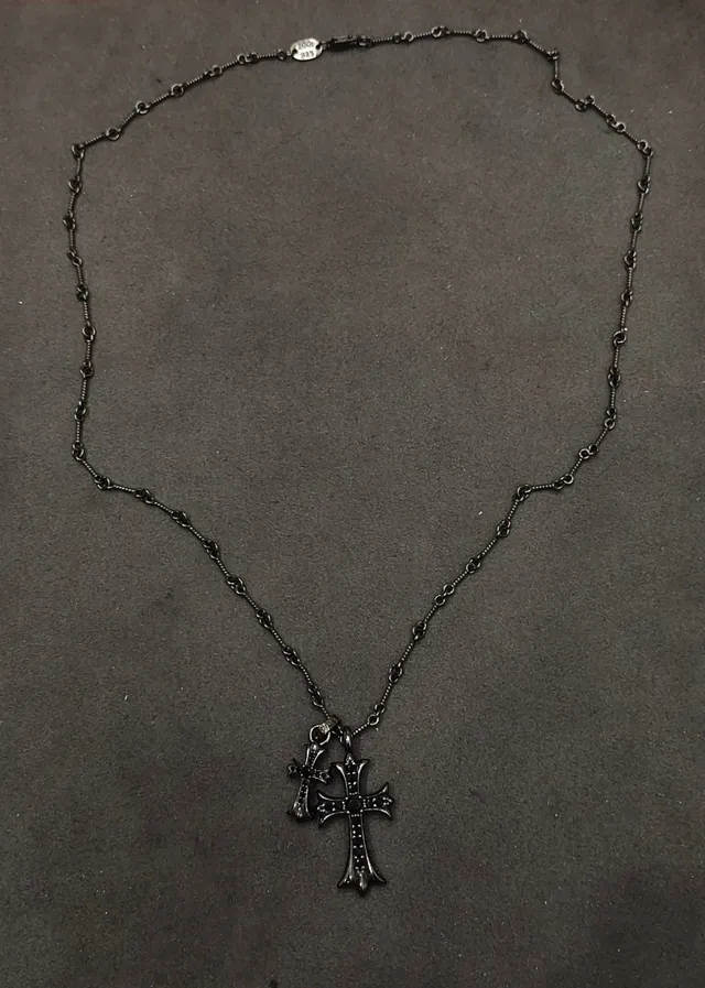Chrome Hearts Double Cross Oxidized Silver Pavé Stone Necklace 7