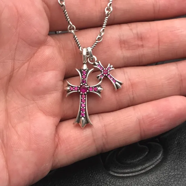 Chrome Hearts Double Cross Pink Gemstone Necklace 2