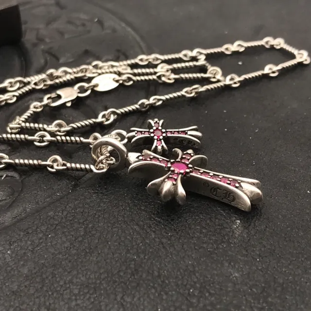 Chrome Hearts Double Cross Pink Gemstone Necklace 3