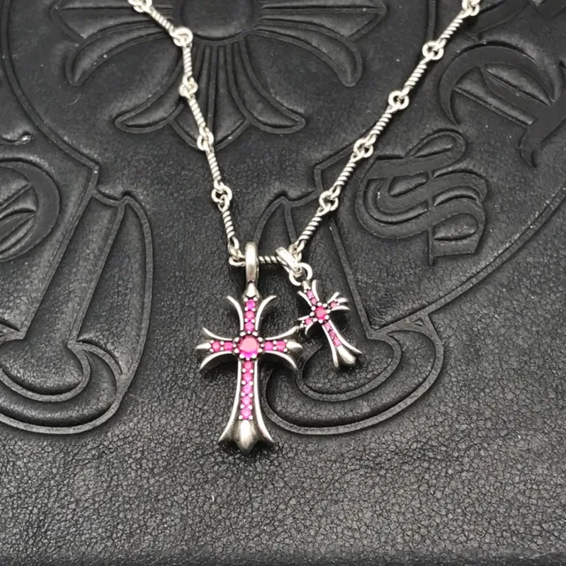 Chrome Hearts Double Cross Pink Gemstone Necklace 5