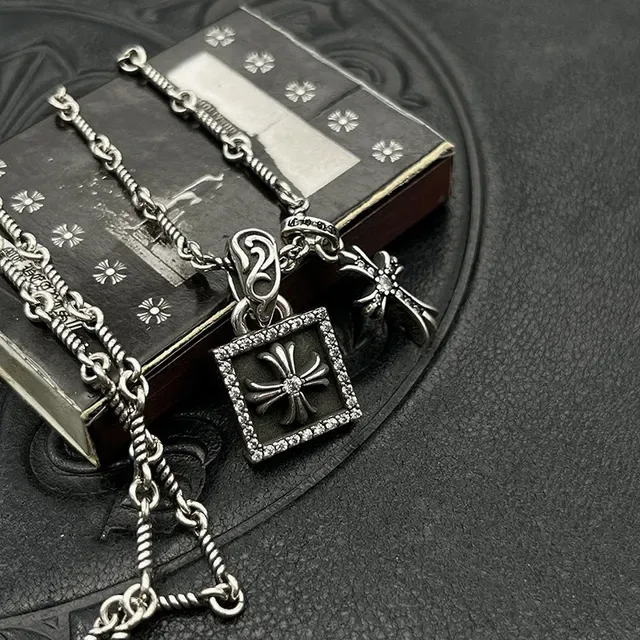 Chrome Hearts चाँदी काला मोड़ी रस्सी चेन पावे सेट वर्ग लॉकेट हार 5