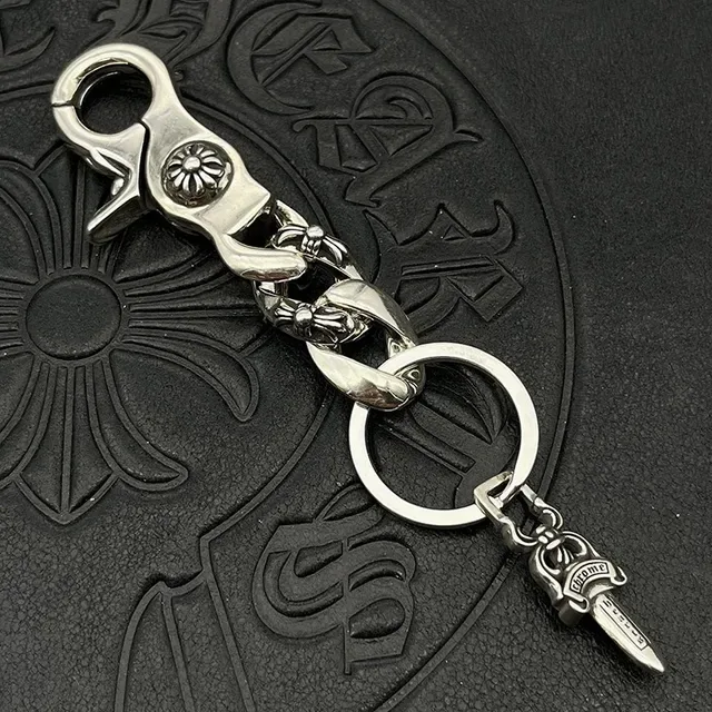 Chrome Hearts Chaveiro com Pingente de Espada Prata Metal Polido Corrente Curb Link Pulseira 2