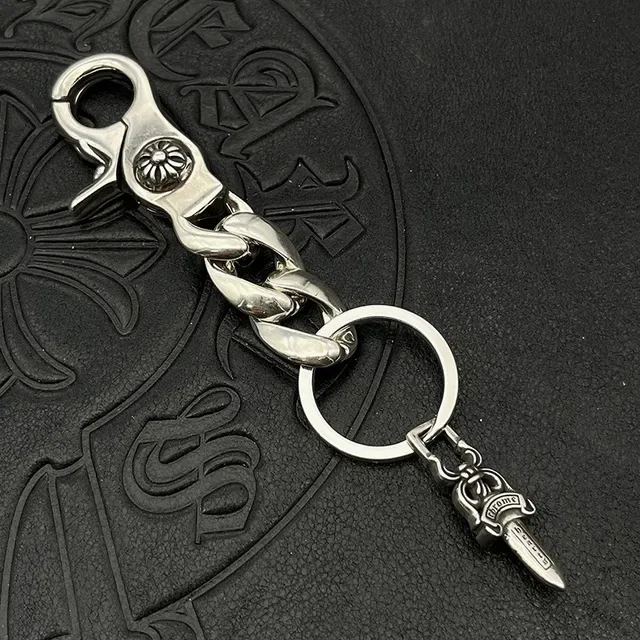 Chrome Hearts Chaveiro com Pingente de Espada Prata Metal Polido Corrente Curb Link Pulseira 3