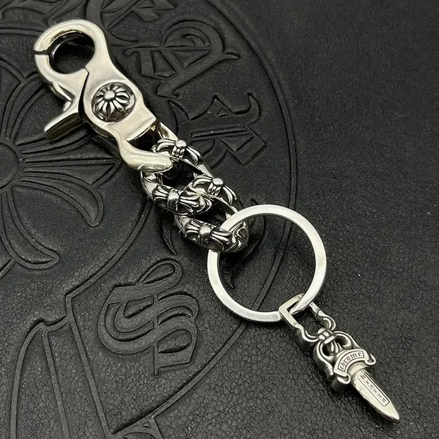 Chrome Hearts Chaveiro com Pingente de Espada Prata Metal Polido Corrente Curb Link Pulseira 4