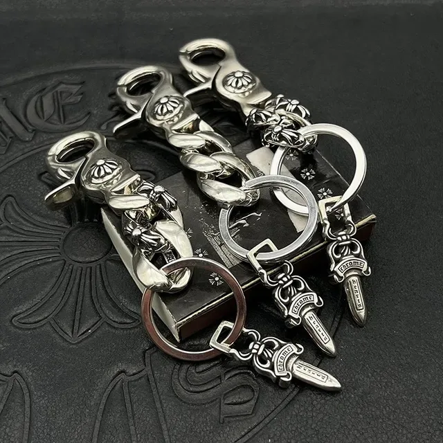 Chrome Hearts Chaveiro com Pingente de Espada Prata Metal Polido Corrente Curb Link Pulseira 5