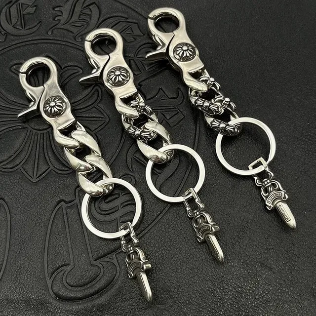Chrome Hearts Chaveiro com Pingente de Espada Prata Metal Polido Corrente Curb Link Pulseira 6