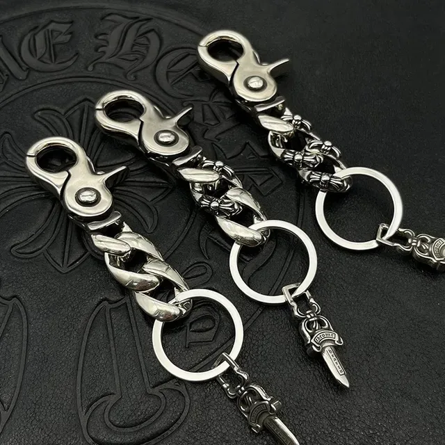 Chrome Hearts Chaveiro com Pingente de Espada Prata Metal Polido Corrente Curb Link Pulseira 7