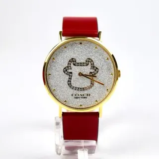 Coach Red Gold Glitter Dial Crystal-Embellished Logo Quartz Watch