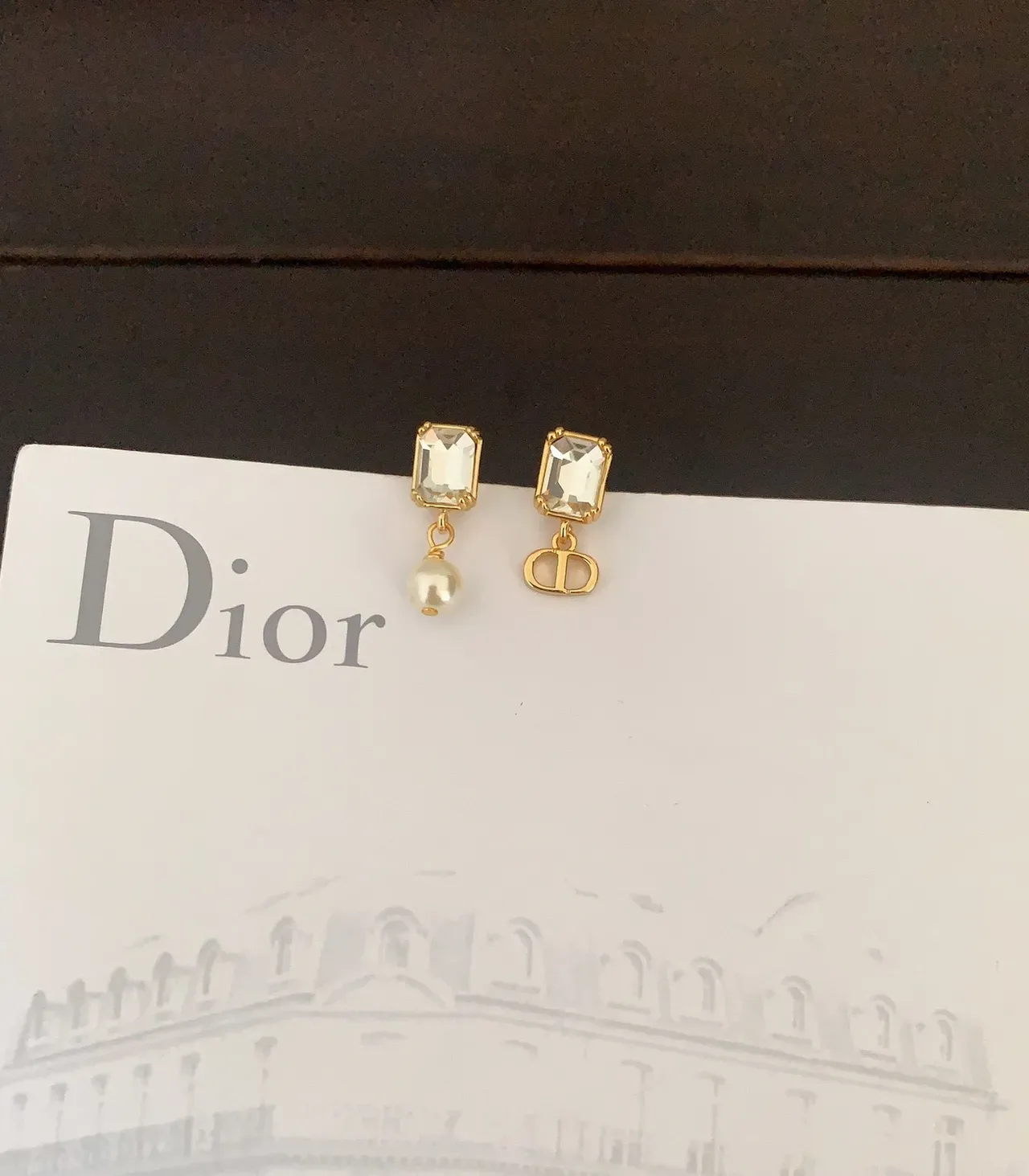 Dior Asymmetrical Emerald-Cut Crystal and Pearl Drop Earrings 3