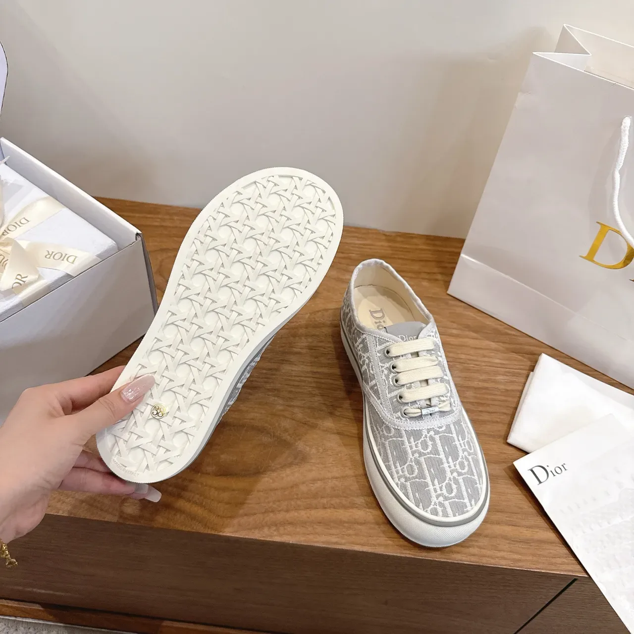 Dior B23 Gray White Monogrammed Textile Upper Low-Top Lace-Up Lifestyle Sneakers 2