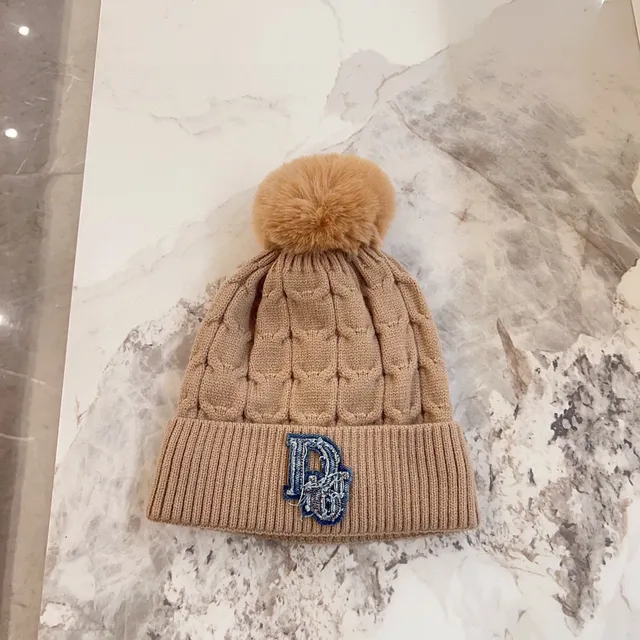 Dior Beige Brown Cable-Knit Pom-Pom Topped Beanie 2