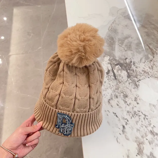Dior Beige Brown Cable-Knit Pom-Pom Topped Beanie 7