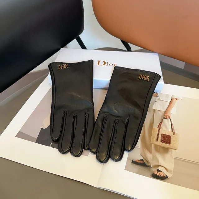 Guantes de cuero con logo Dior negro y oro, bordados, suaves 2