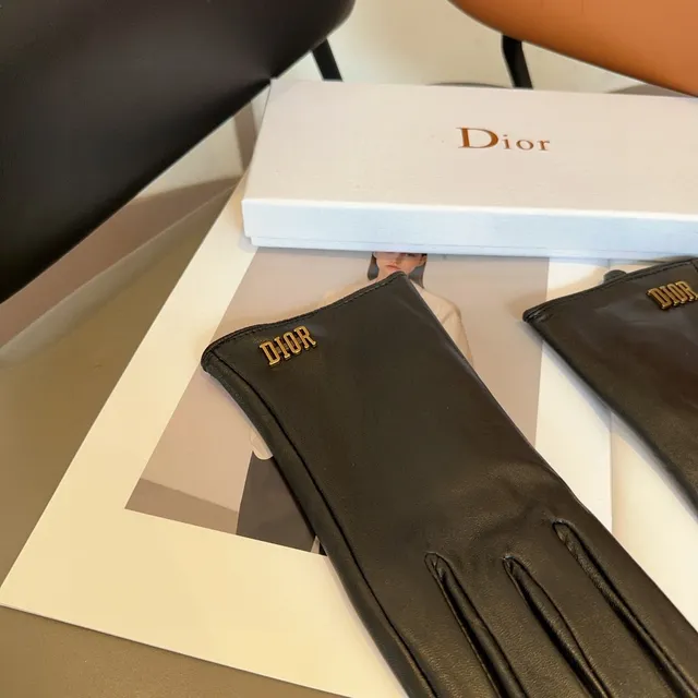 Guantes de cuero con logo Dior negro y oro, bordados, suaves 3