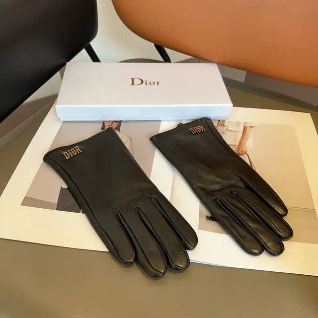 Guantes de cuero con logo Dior negro y oro, bordados, suaves 4