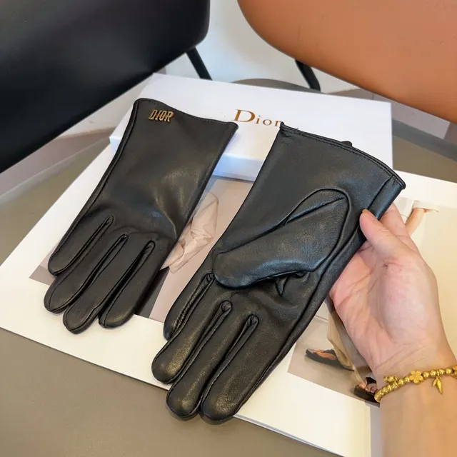 Guantes de cuero con logo Dior negro y oro, bordados, suaves 5